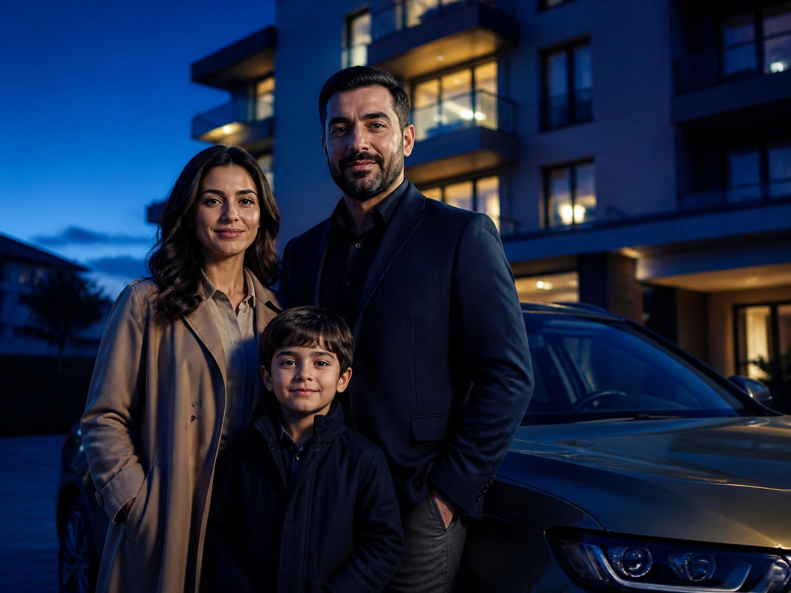 Güvenli bir geleceği simgeleyen aile, araç ve konut